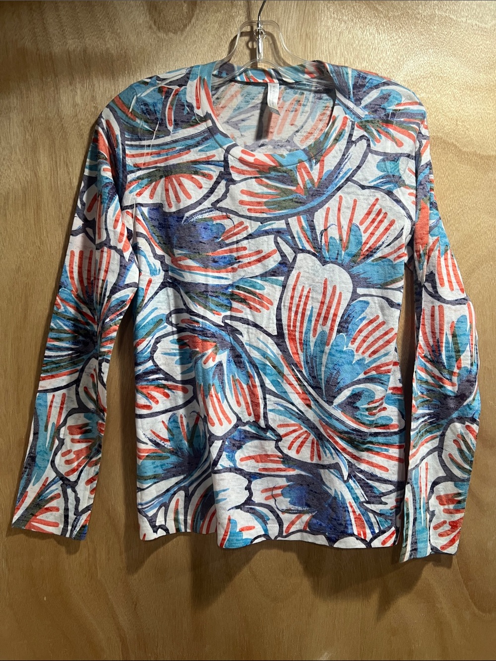 Floral Brush Marks Print Long-Sleeve Women’s Top in White, Blue & Coral